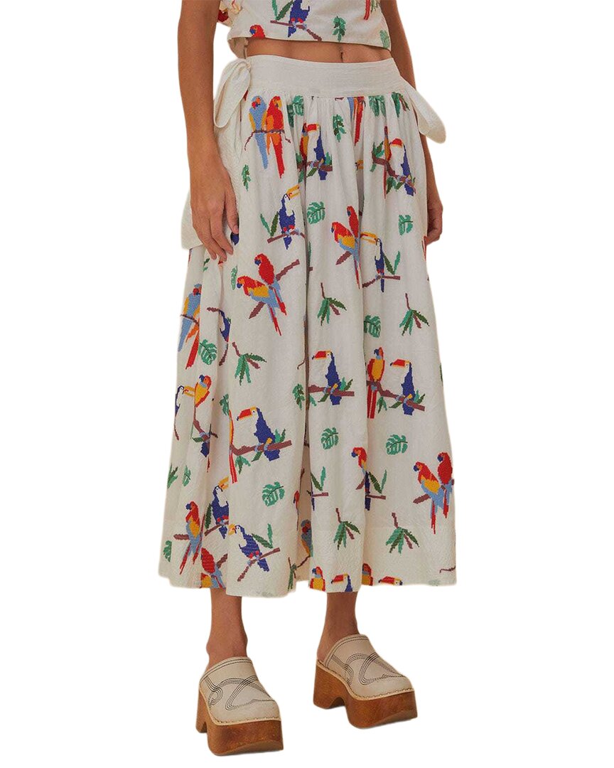 FARM Rio Farm Rio Off-White Stitched Birds Side Bow Midi Skirt