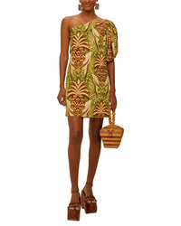 FARM Rio Farm Rio Linen-Blend Pineapple Tapestry Green One Shoulder Top