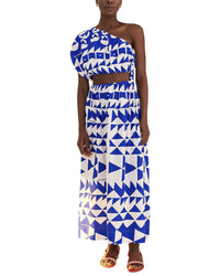 FARM Rio Farm Rio Linen-Blend Pitta Tiles Off-White One Shoulder Maxi Dress