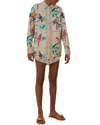 FARM Rio Farm Rio Linen-Blend Stitched Birds Scarf Off-White Short
