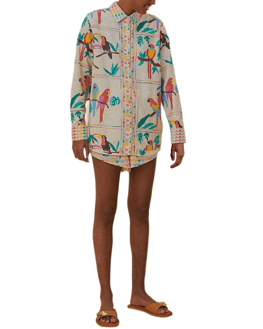 FARM Rio Farm Rio Linen-Blend Stitched Birds Scarf Off-White Short