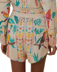 FARM Rio Farm Rio Linen-Blend Stitched Birds Scarf Off-White Short