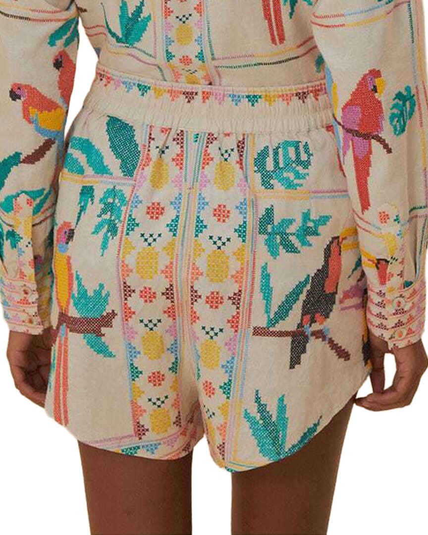 FARM Rio Farm Rio Linen-Blend Stitched Birds Scarf Off-White Short