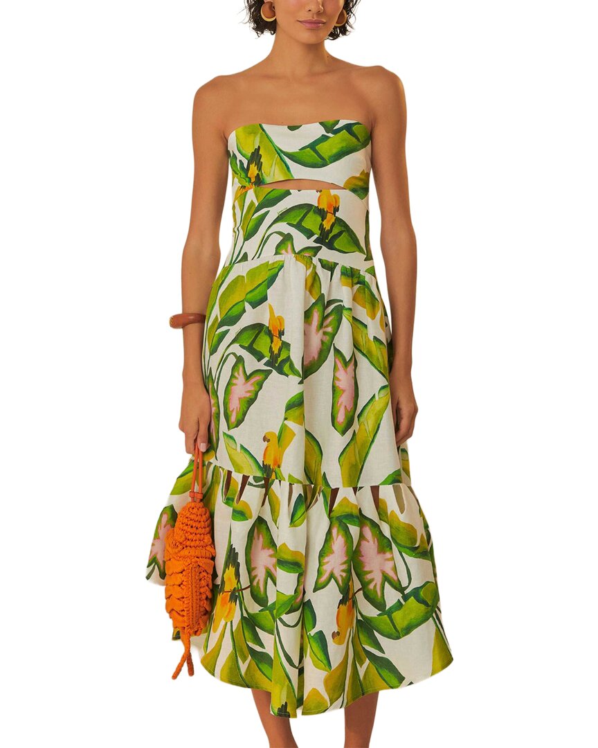 FARM Rio Farm Rio Linen Summer Foliage Off White Strapless Midi Dress
