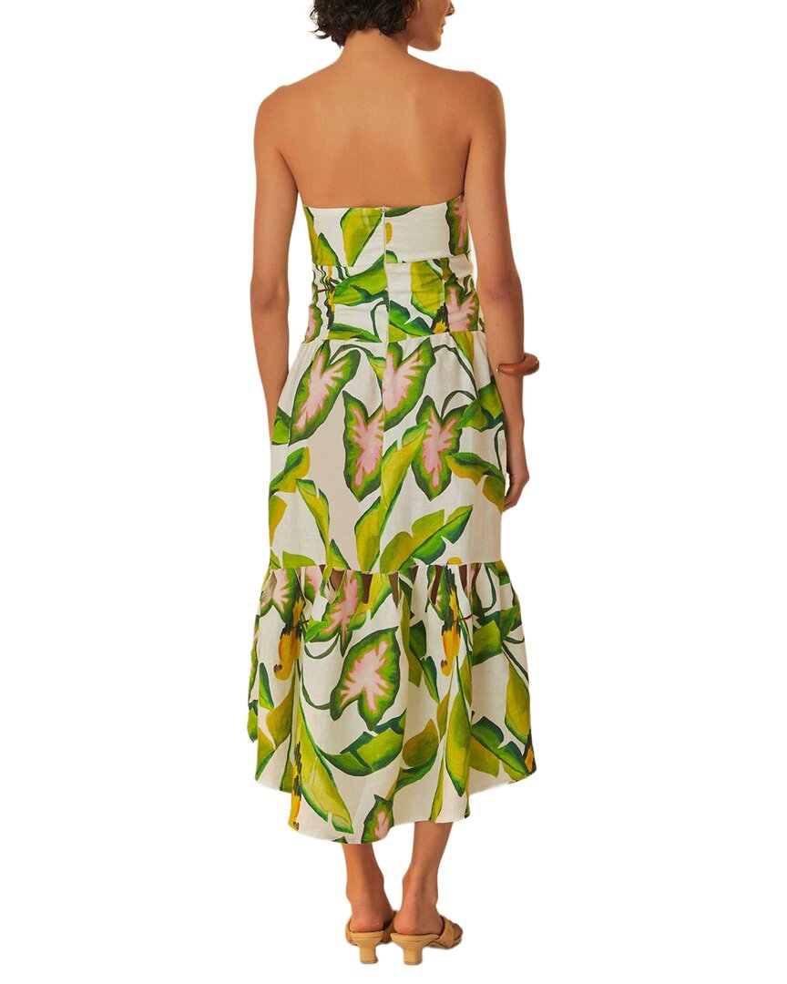 FARM Rio Farm Rio Linen Summer Foliage Off White Strapless Midi Dress