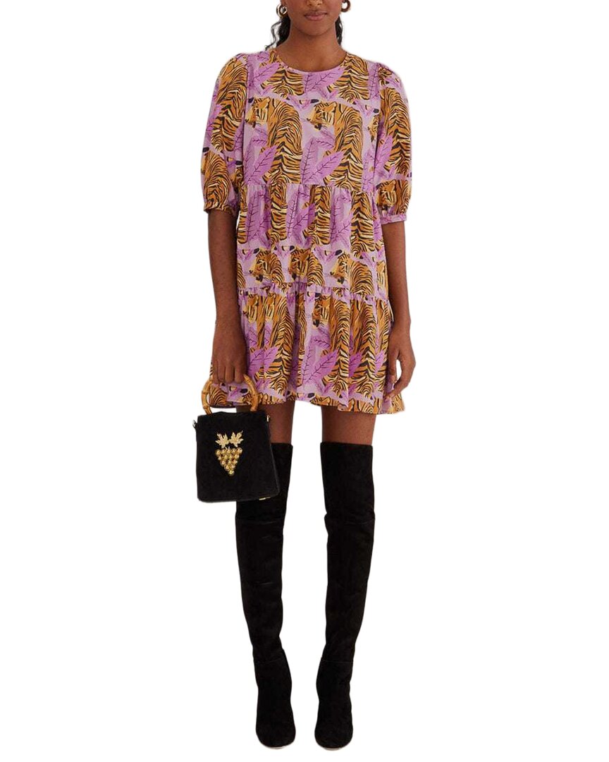 FARM Rio Farm Rio Tiger Leaves Lavender Puff Sleeve Mini Dress