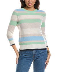 Forte Cashmere Forte Cashmere 3/4-Sleeve Openwork Stripe Crewneck Cashmere Sweater