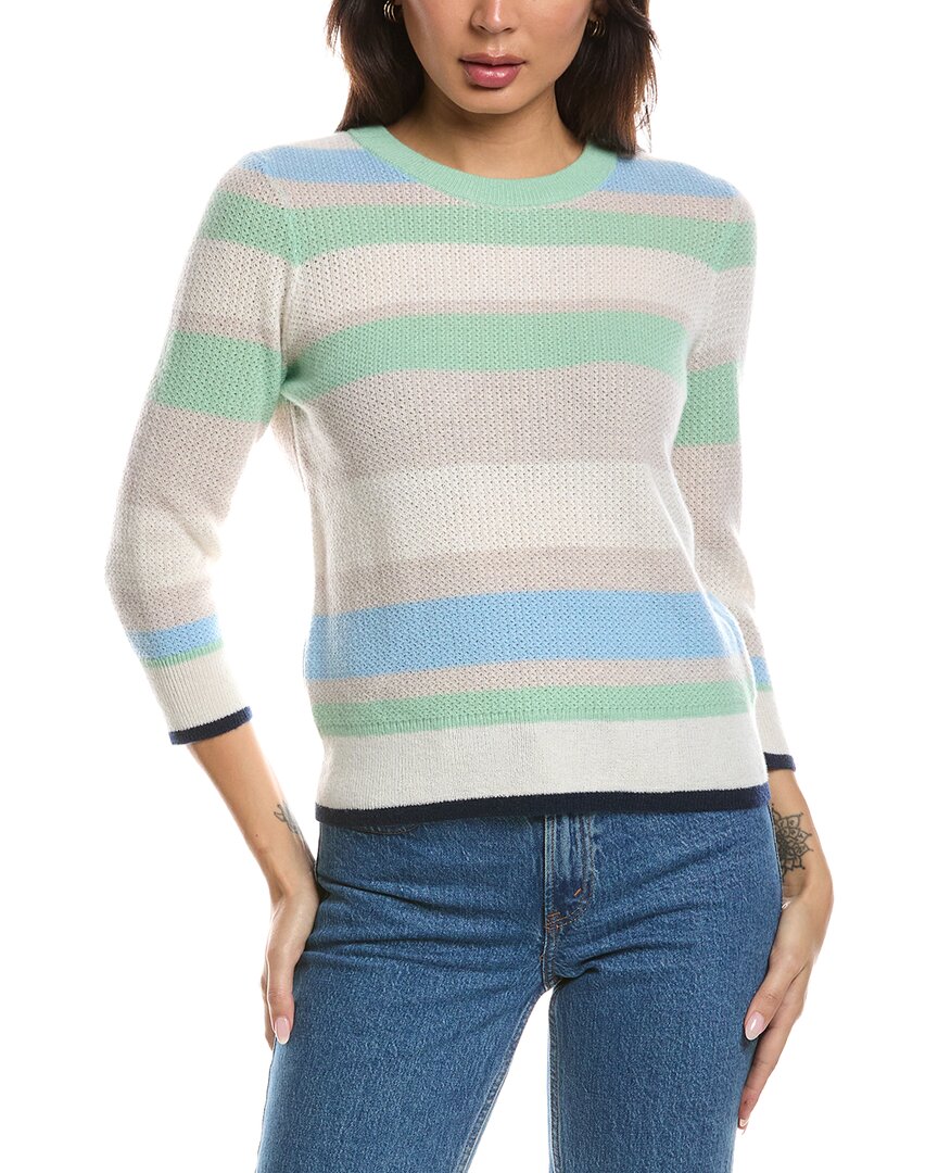 Forte Cashmere Forte Cashmere 3/4-Sleeve Openwork Stripe Crewneck Cashmere Sweater