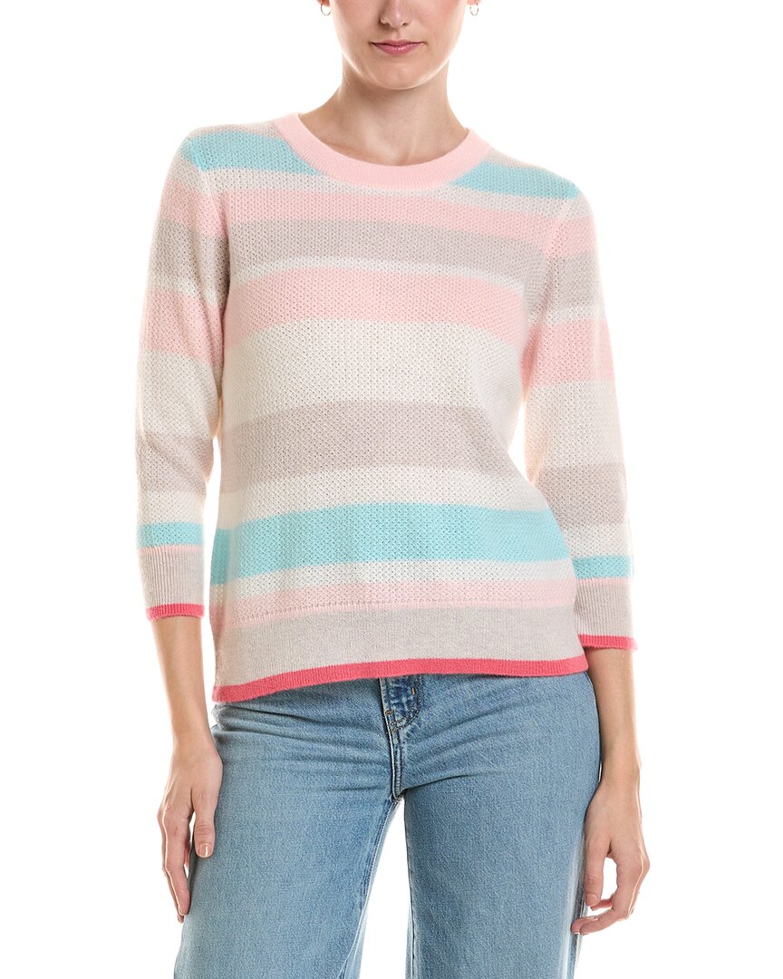 Forte Cashmere Forte Cashmere 3/4-Sleeve Openwork Stripe Crewneck Cashmere Sweater