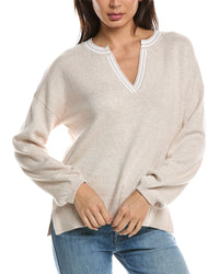 Forte Cashmere Forte Cashmere Gathered Sleeve Split Neck Cashmere-Blend Sweater