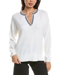 Forte Cashmere Forte Cashmere Gathered Sleeve Split Neck Cashmere-Blend Sweater