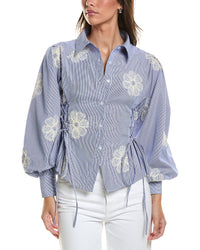 Gracia Gracia Embroidered Stripped Side Tie Long Sleeve Top