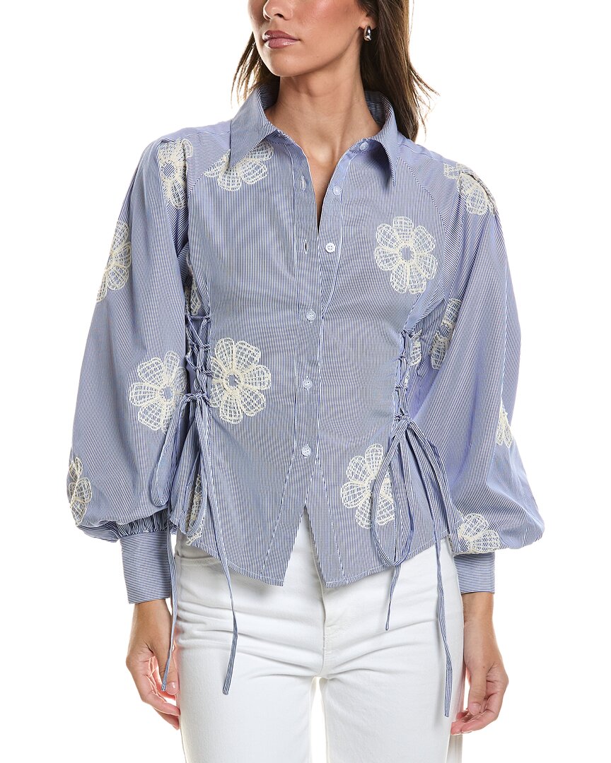 Gracia Gracia Embroidered Stripped Side Tie Long Sleeve Top