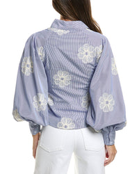 Gracia Gracia Embroidered Stripped Side Tie Long Sleeve Top