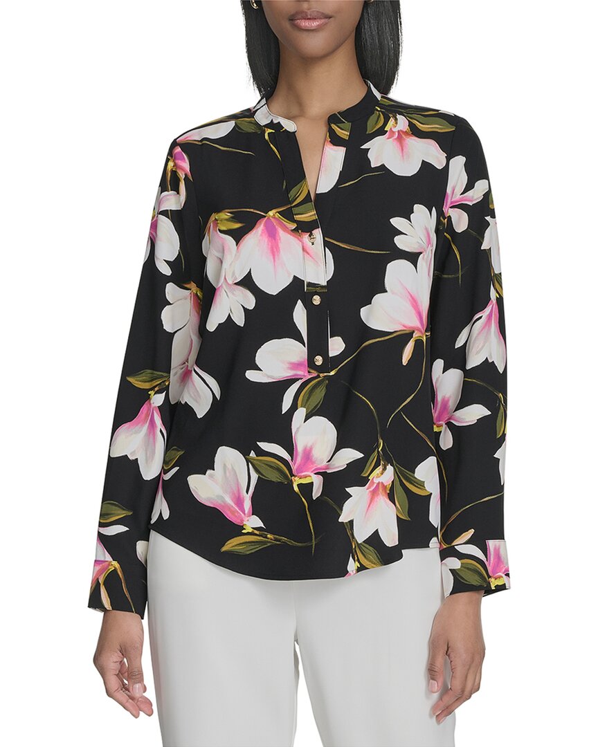 Halston Halston Printed Mandarin Collar Front Pocket Blouse