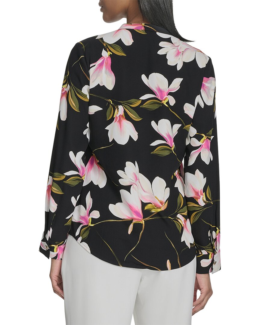 Halston Halston Printed Mandarin Collar Front Pocket Blouse