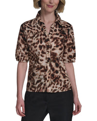 Halston Halston Leopard Printed Short Sleeve Top