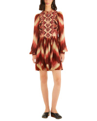 FARM Rio Farm Rio Amanda Stripes Tapestry Red Matelassé Long Sleeve Mini Dress