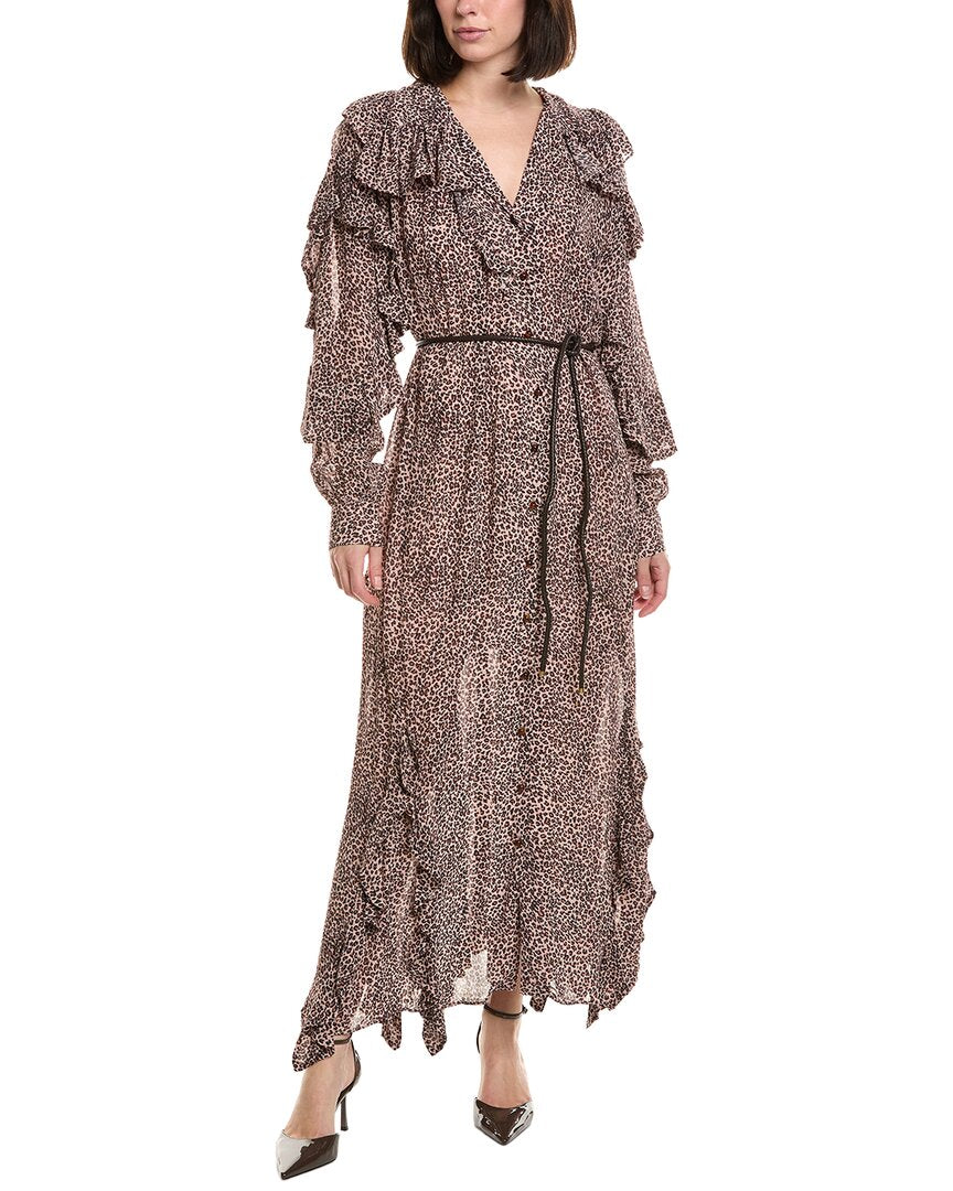 FARM Rio Farm Rio Baby Leopard Pink Long Sleeve Angled Frill Maxi Dress