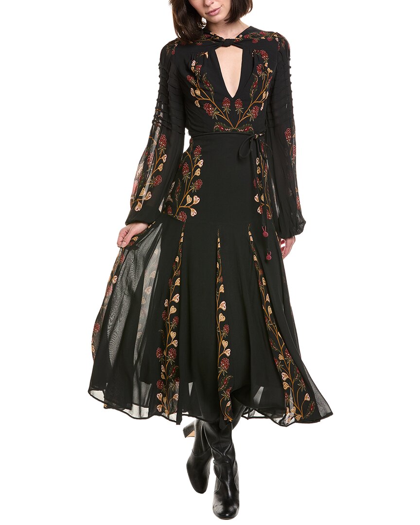 FARM Rio Farm Rio Berry Garden Black Long Sleeve Pleated Maxi Dress