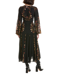 FARM Rio Farm Rio Berry Garden Black Long Sleeve Pleated Maxi Dress