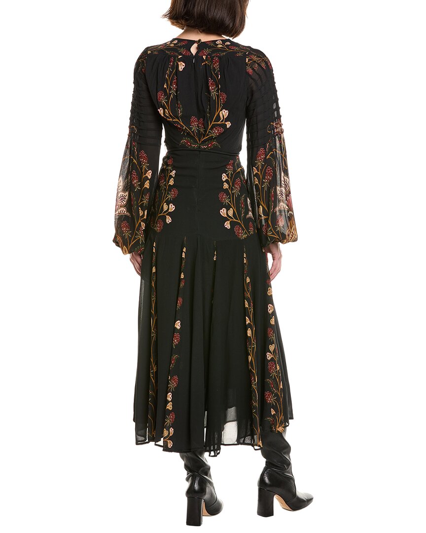 FARM Rio Farm Rio Berry Garden Black Long Sleeve Pleated Maxi Dress