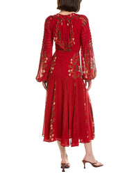 FARM Rio Farm Rio Berry Garden Red Long Sleeve Pleated Maxi Dress