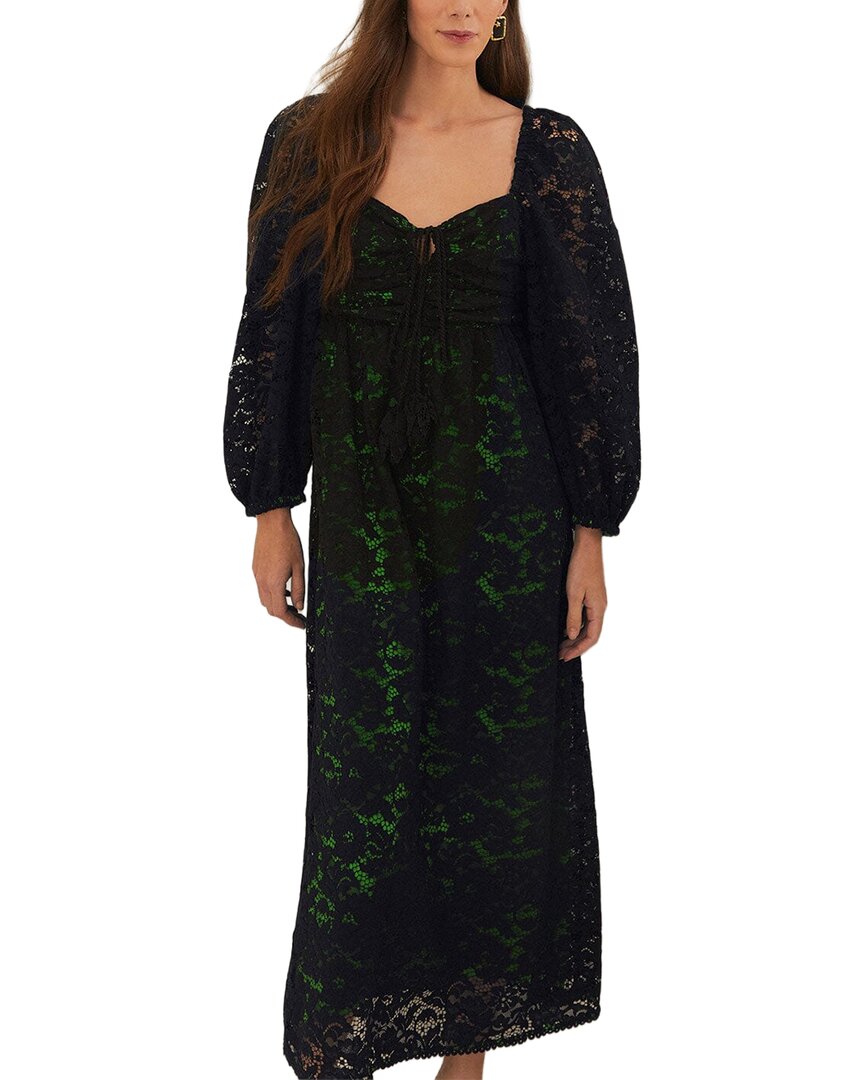 Farm Rio Black Lace Long Sleeve Midi Dress