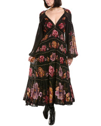 FARM Rio Farm Rio Chenille Flowers Black Long Sleeve Midi Dress