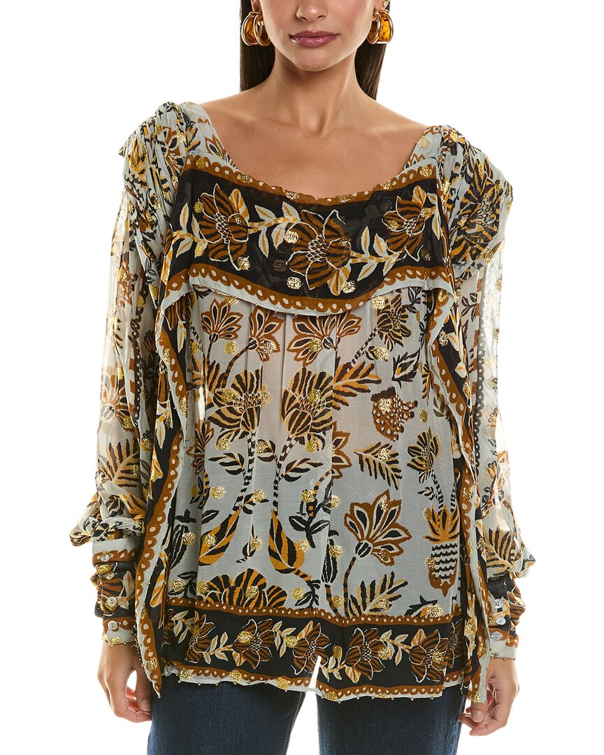 Farm Rio Floral Tapestry Silver Bee Hive Detail Long Sleeve Blouse