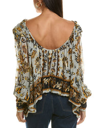 Farm Rio Floral Tapestry Silver Bee Hive Detail Long Sleeve Blouse