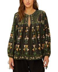 FARM Rio Farm Rio Flowers Arch Black Long Sleeve Linen-Blend Blouse