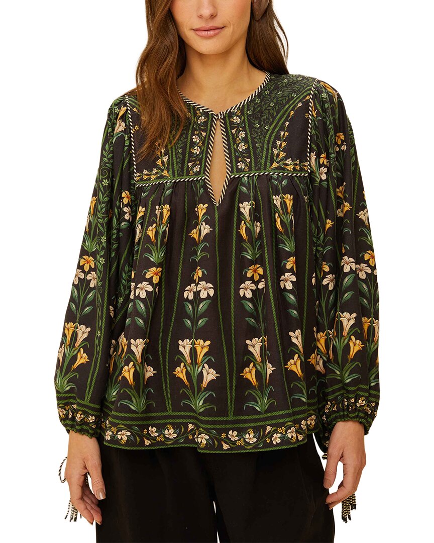 FARM Rio Farm Rio Flowers Arch Black Long Sleeve Linen-Blend Blouse