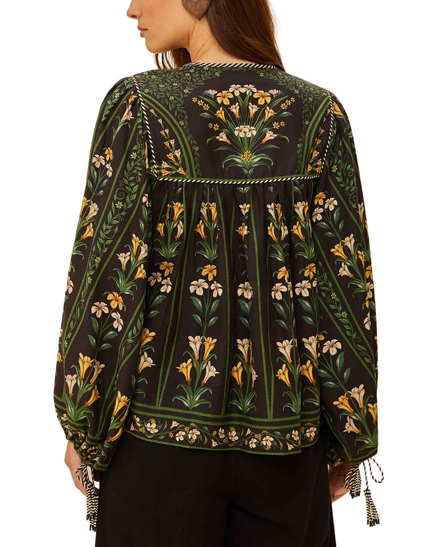 FARM Rio Farm Rio Flowers Arch Black Long Sleeve Linen-Blend Blouse