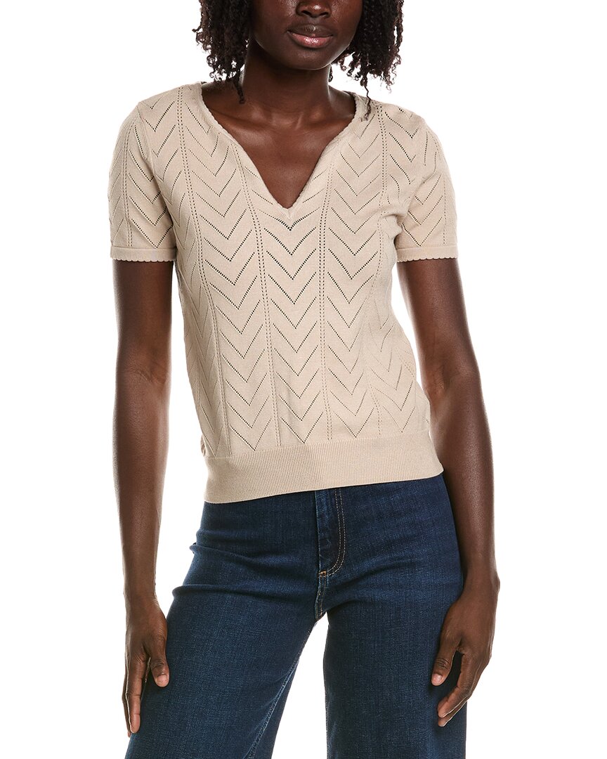 T Tahari T Tahari Split Neck Collar Pointelle Sweater