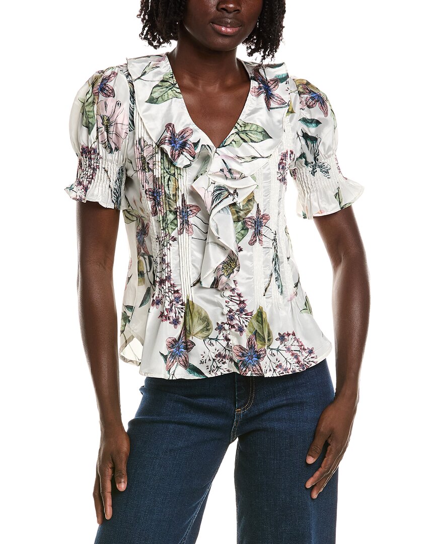 T Tahari T Tahari Short Gathered Sleeve Ruffle Top