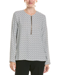 Halston Halston Logo Zip-Up V-Neck Blouse