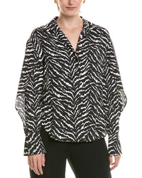 Halston Halston Printed Ruffle Sleeve V-Neck Blouse