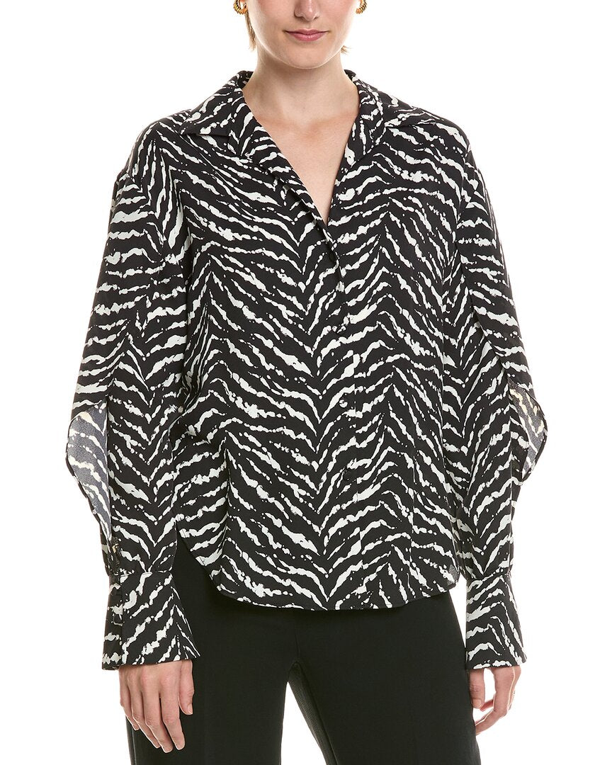 Halston Halston Printed Ruffle Sleeve V-Neck Blouse