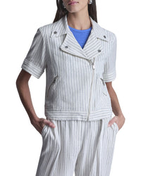 DKNY Dkny Striped Linen-Blend Moto Jacket