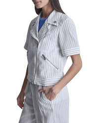 DKNY Dkny Striped Linen-Blend Moto Jacket
