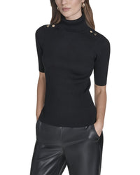 Halston Halston 3/4 Sleeve Ribbed Turtleneck With Gold Button Detail