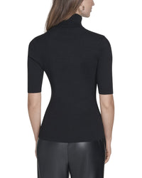Halston Halston 3/4 Sleeve Ribbed Turtleneck With Gold Button Detail