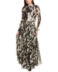 Oscar de la Renta Oscar De La Renta Tie-Neck Cow Print Silk Maxi Dress