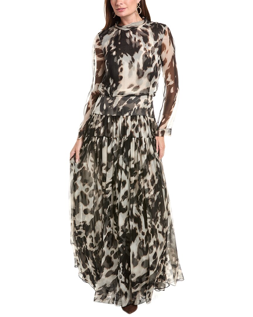 Oscar de la Renta Oscar De La Renta Tie-Neck Cow Print Silk Maxi Dress