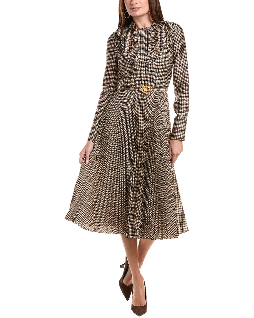 Oscar De La Renta Tie-Neck Pied De Poule Silk-Lined Midi Dress