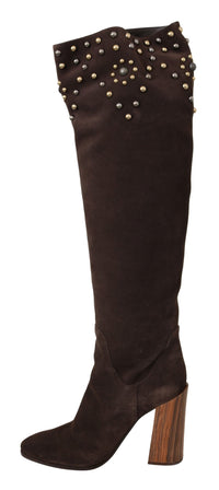 Dolce & Gabbana Brown Suede Studded Knee High Shoes Women's Boots