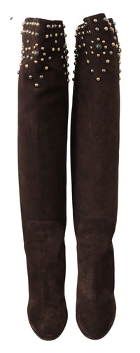 Dolce & Gabbana Brown Suede Studded Knee High Shoes Women's Boots