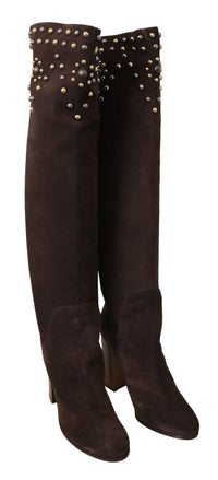 Dolce & Gabbana Brown Suede Studded Knee High Shoes Women's Boots