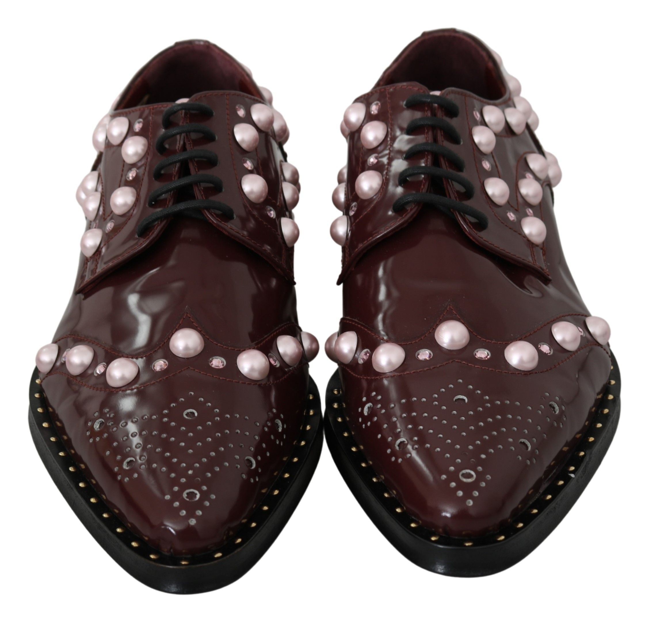 Dolce & Gabbana Elegant Bordeaux Lace-Up Flats with Pearls and Women's Crystals